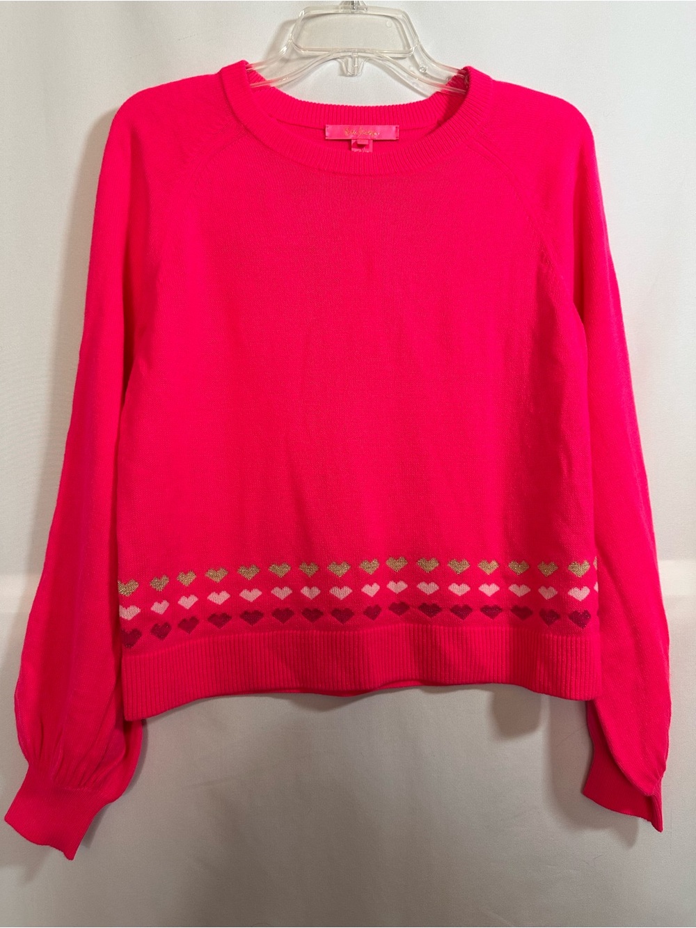 Lilly Pulitzer Alyona Sweater Pink Grenadine Heart Intarsia‎ Gold Glitter XS NWT